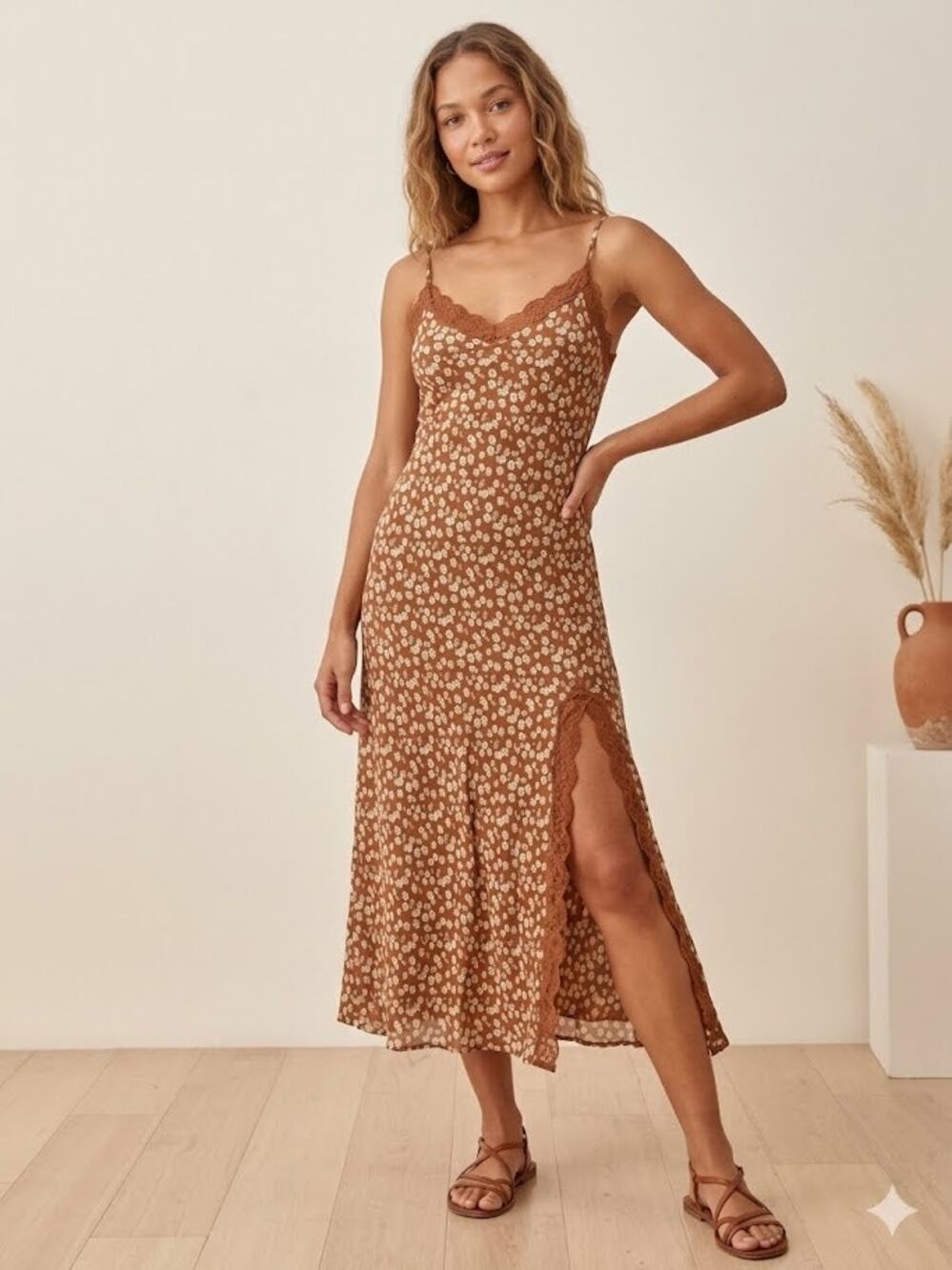 Blu Pepper Brown Ditsy Floral Lace Trim Slip Dress Y2K Style Womens Midi Dress